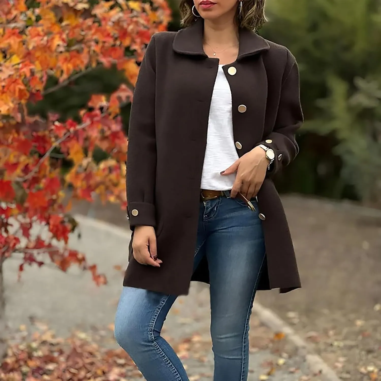 Womens Cute Winter Jackets Button Down Wool Blend Short Peacoat Long Sleeve Peter Pan Collar Fall Outwear Overcoat