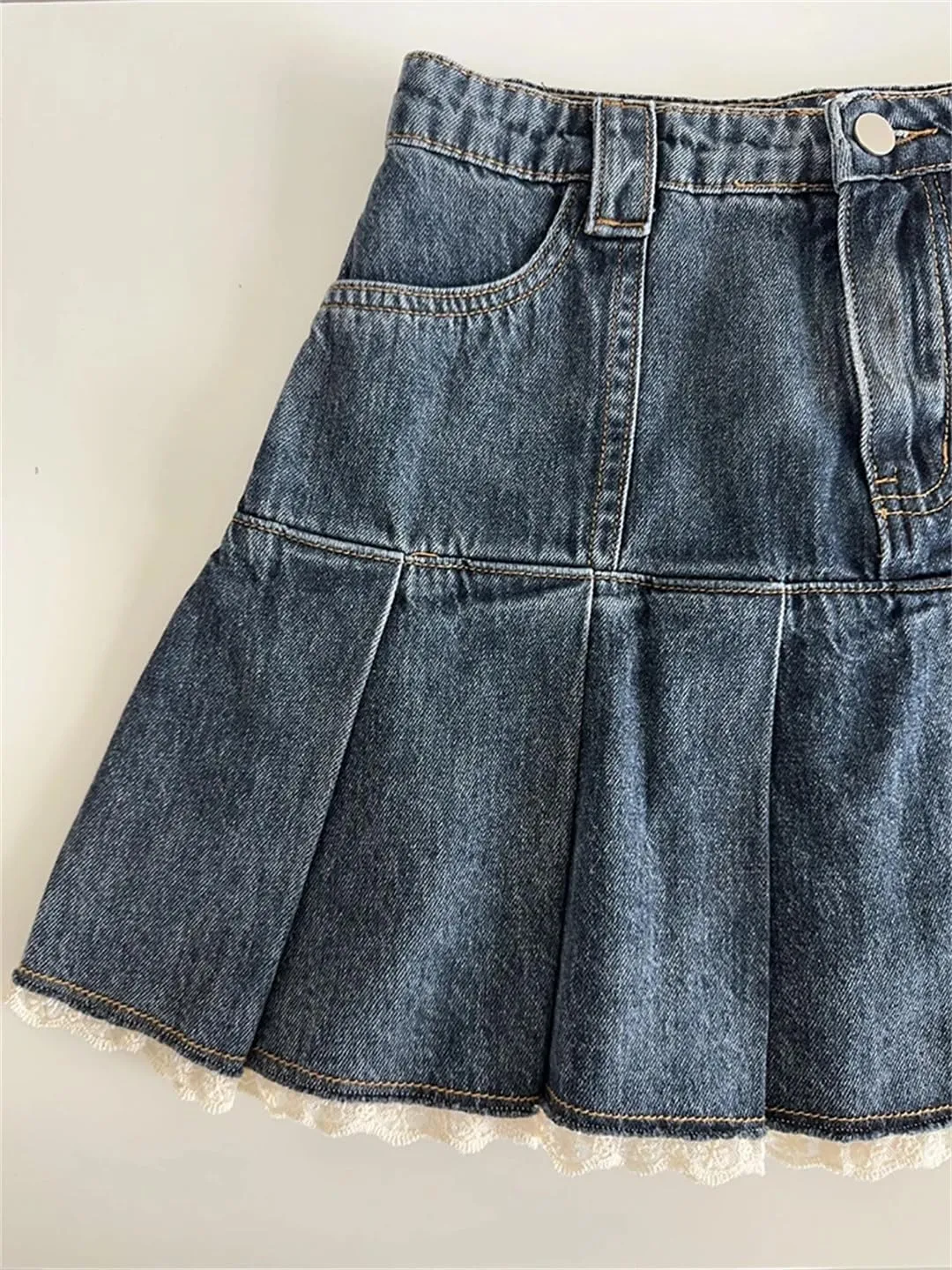 Women's Denim A-Line Pleated Mini Skirt Korean Style Retro Denim Skirt