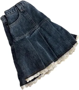 Women's Denim A-Line Pleated Mini Skirt Korean Style Retro Denim Skirt