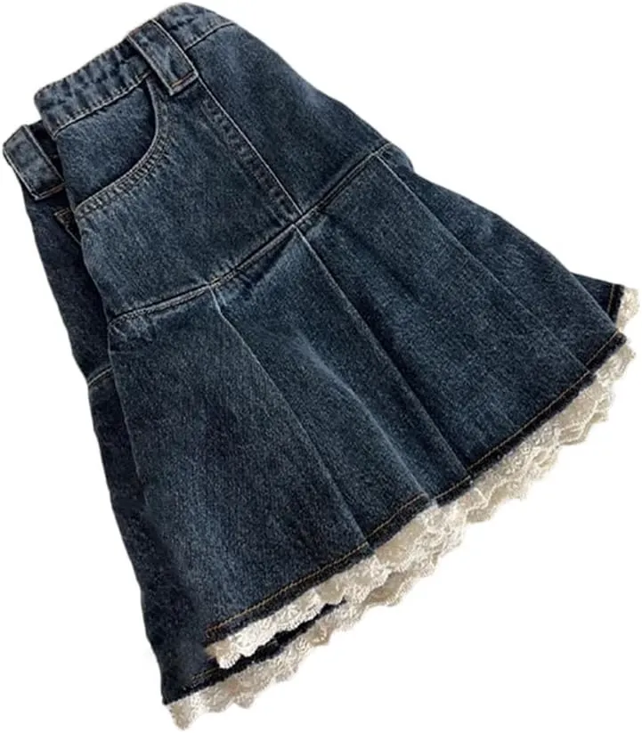 Women's Denim A-Line Pleated Mini Skirt Korean Style Retro Denim Skirt