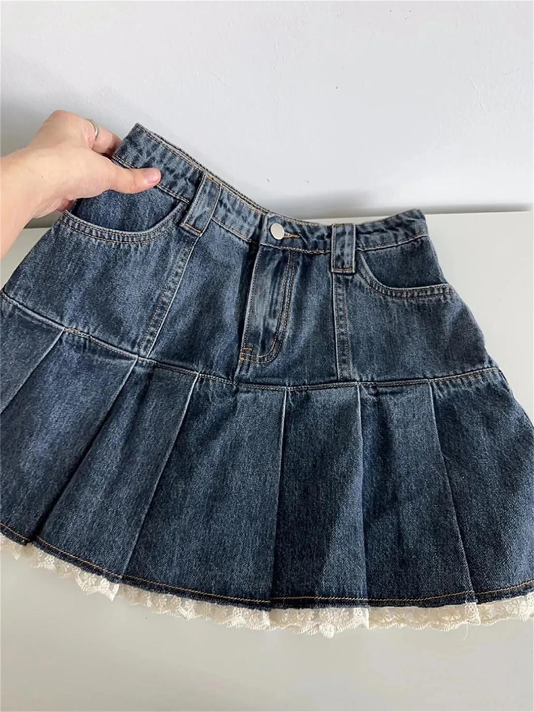 Women's Denim A-Line Pleated Mini Skirt Korean Style Retro Denim Skirt