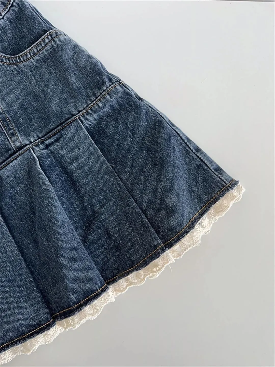 Women's Denim A-Line Pleated Mini Skirt Korean Style Retro Denim Skirt