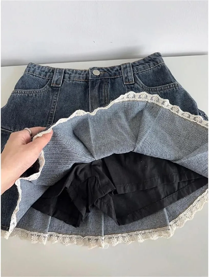 Women's Denim A-Line Pleated Mini Skirt Korean Style Retro Denim Skirt