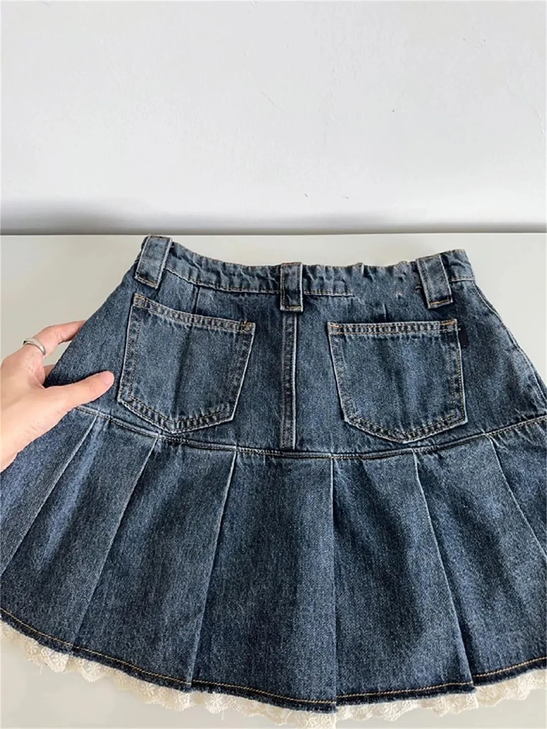 Women's Denim A-Line Pleated Mini Skirt Korean Style Retro Denim Skirt
