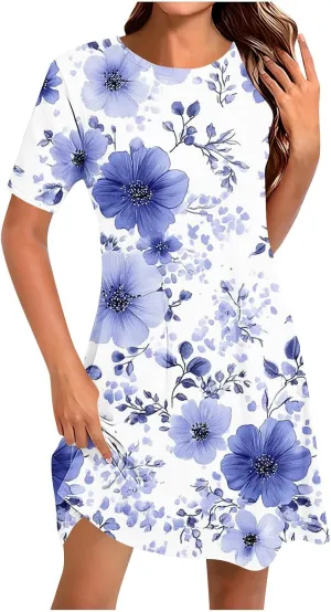 Womens Dress Fashion Floral Dress Casual Crewneck Short Sleeve Mini Dresses Beach Vacation Dress Long T-Shirt Dress