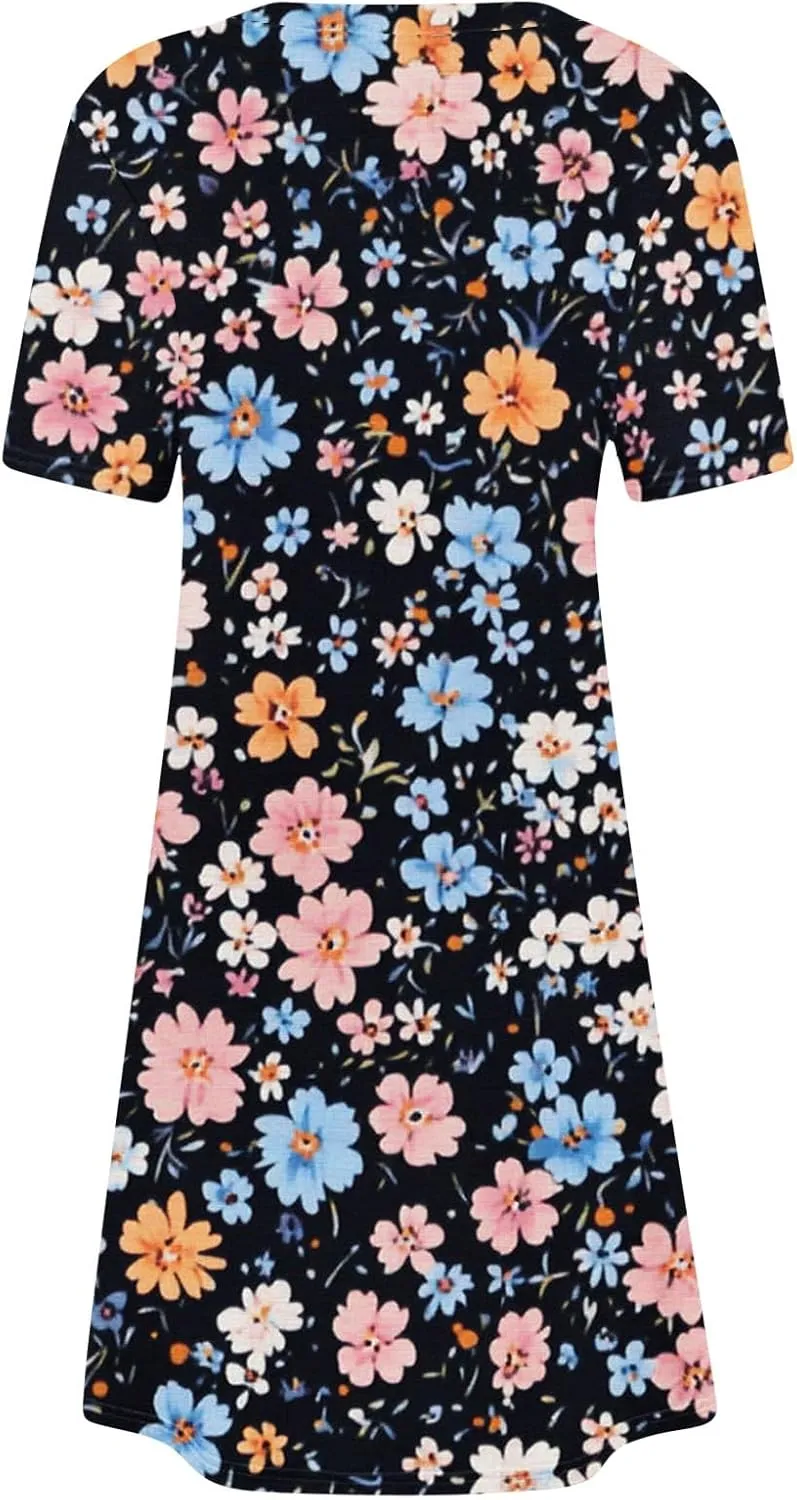 Womens Dress Fashion Floral Dress Casual Crewneck Short Sleeve Mini Dresses Beach Vacation Dress Long T-Shirt Dress