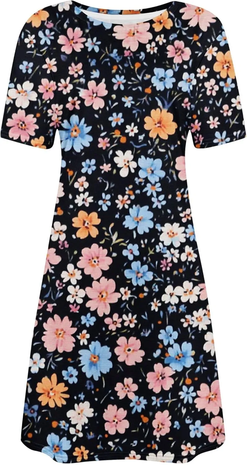 Womens Dress Fashion Floral Dress Casual Crewneck Short Sleeve Mini Dresses Beach Vacation Dress Long T-Shirt Dress