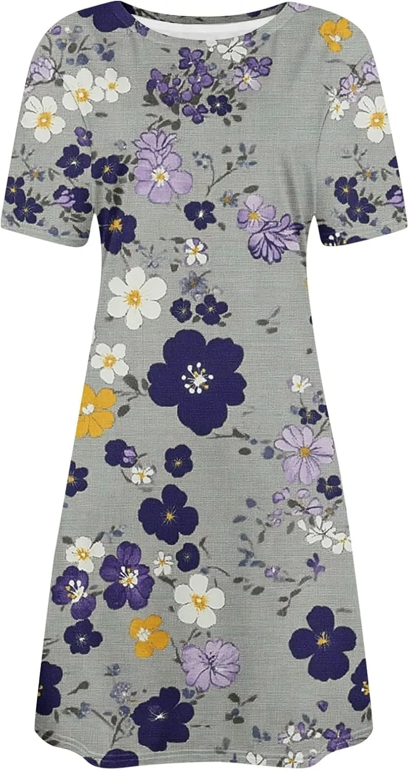 Womens Dress Fashion Floral Dress Casual Crewneck Short Sleeve Mini Dresses Beach Vacation Dress Long T-Shirt Dress