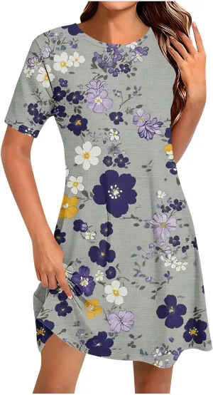 Womens Dress Fashion Floral Dress Casual Crewneck Short Sleeve Mini Dresses Beach Vacation Dress Long T-Shirt Dress