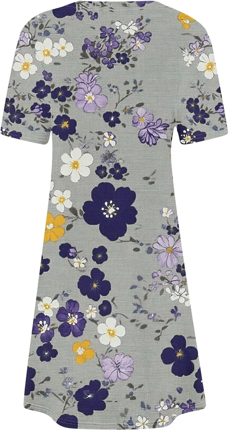Womens Dress Fashion Floral Dress Casual Crewneck Short Sleeve Mini Dresses Beach Vacation Dress Long T-Shirt Dress