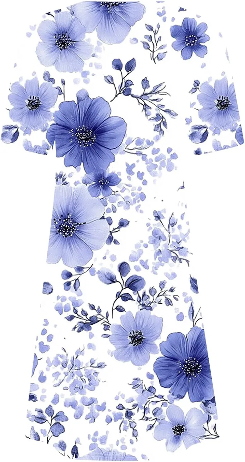 Womens Dress Fashion Floral Dress Casual Crewneck Short Sleeve Mini Dresses Beach Vacation Dress Long T-Shirt Dress