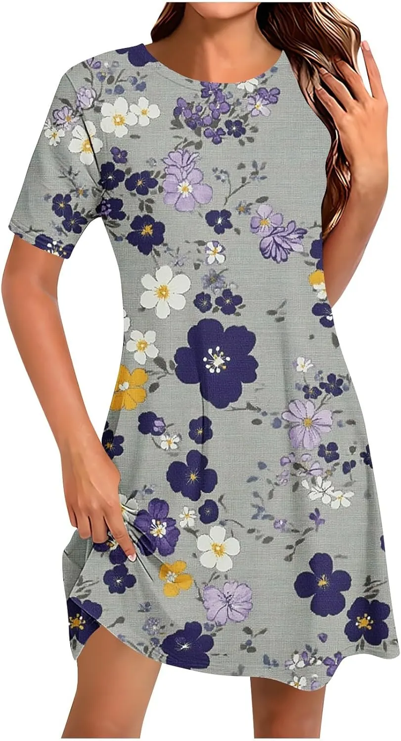 Womens Dress Fashion Floral Dress Casual Crewneck Short Sleeve Mini Dresses Beach Vacation Dress Long T-Shirt Dress