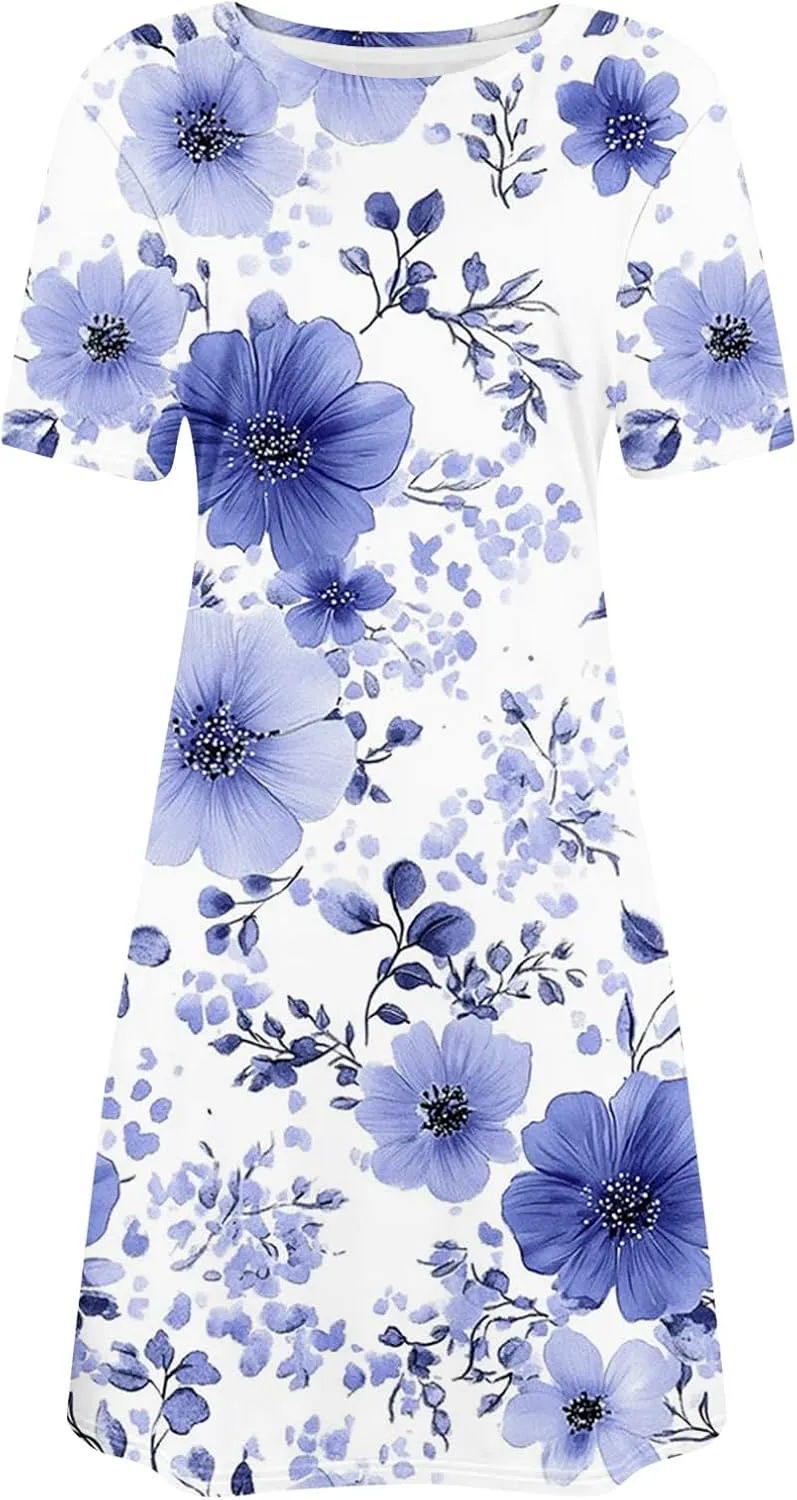 Womens Dress Fashion Floral Dress Casual Crewneck Short Sleeve Mini Dresses Beach Vacation Dress Long T-Shirt Dress
