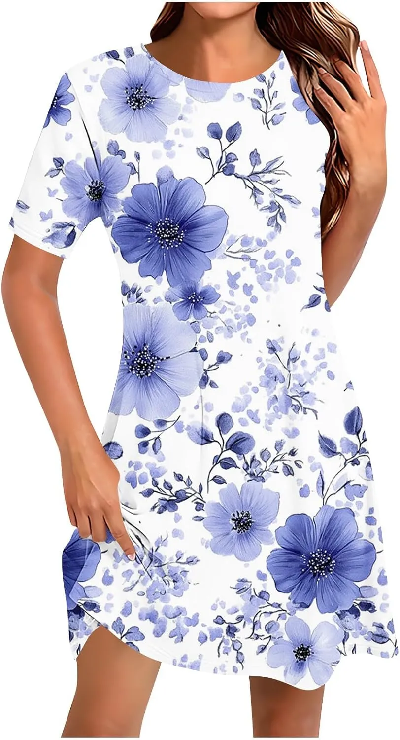 Womens Dress Fashion Floral Dress Casual Crewneck Short Sleeve Mini Dresses Beach Vacation Dress Long T-Shirt Dress