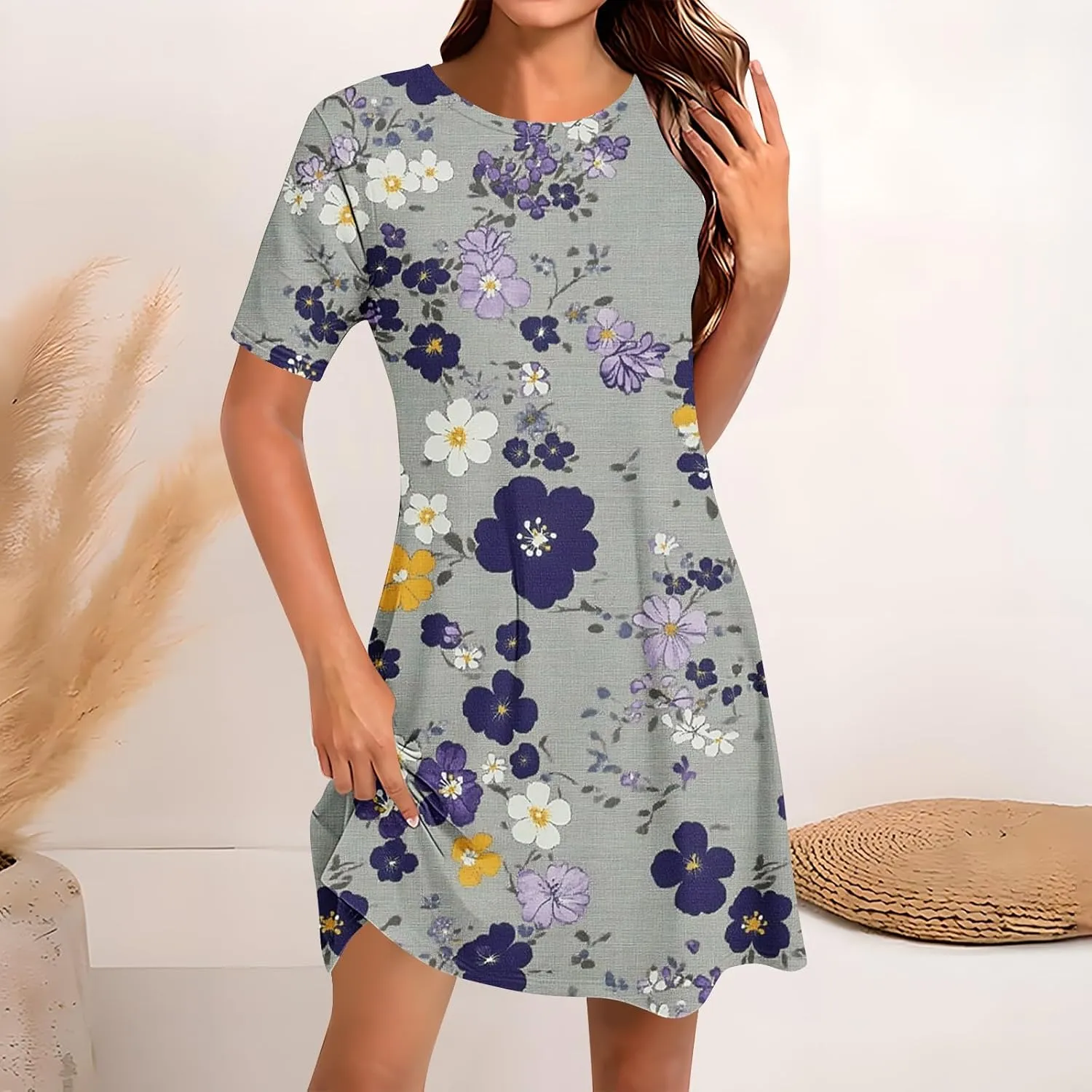 Womens Dress Fashion Floral Dress Casual Crewneck Short Sleeve Mini Dresses Beach Vacation Dress Long T-Shirt Dress