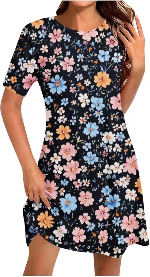 Womens Dress Fashion Floral Dress Casual Crewneck Short Sleeve Mini Dresses Beach Vacation Dress Long T-Shirt Dress