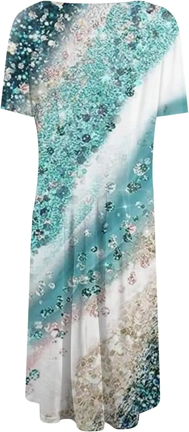 Womens Dresses 2025 Summer Crewneck Short Sleeve A Line Dress Side Pockets Empire Waist Midi Sun Dress Vacation