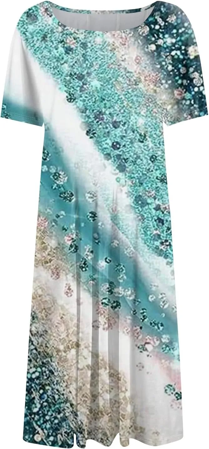 Womens Dresses 2025 Summer Crewneck Short Sleeve A Line Dress Side Pockets Empire Waist Midi Sun Dress Vacation