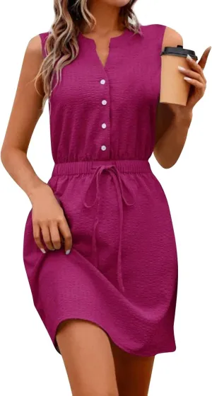 Womens Dresses Summer 2024 Trendy Sleeveless Dress Button V Neck Dress Drawstring Midi Dress Beach Sun Dresses