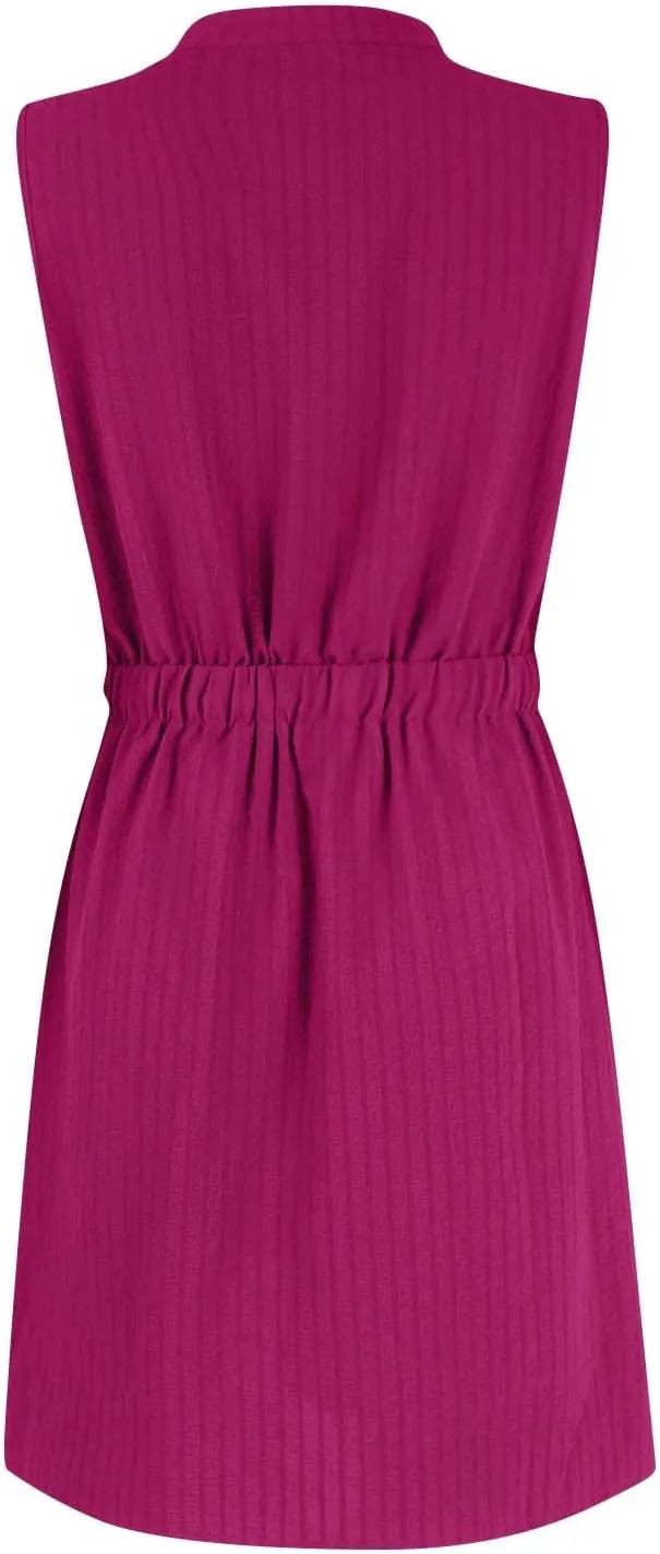 Womens Dresses Summer 2024 Trendy Sleeveless Dress Button V Neck Dress Drawstring Midi Dress Beach Sun Dresses