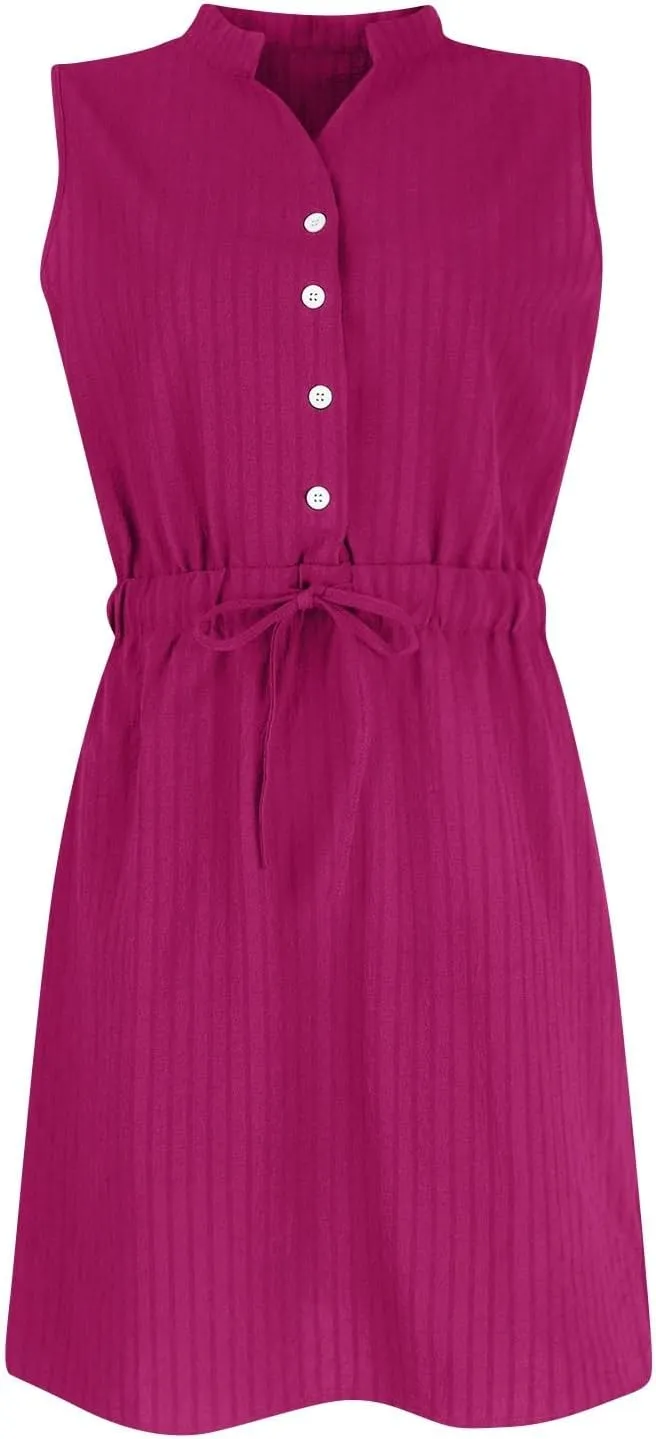 Womens Dresses Summer 2024 Trendy Sleeveless Dress Button V Neck Dress Drawstring Midi Dress Beach Sun Dresses