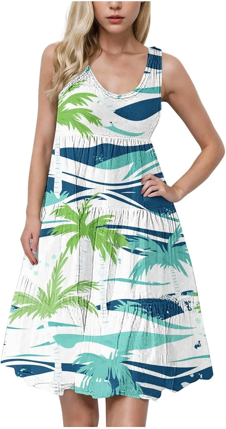 Women's Fashion Sleeveless Beach Dress Summer Casual Round Neck Cake Sundress Trendy Print Vacation Dresses