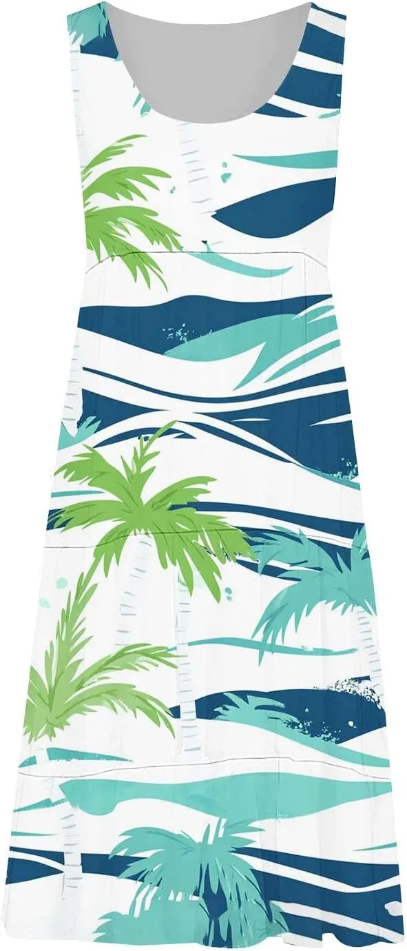 Women's Fashion Sleeveless Beach Dress Summer Casual Round Neck Cake Sundress Trendy Print Vacation Dresses