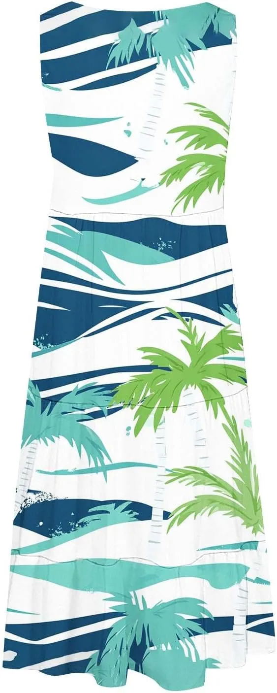 Women's Fashion Sleeveless Beach Dress Summer Casual Round Neck Cake Sundress Trendy Print Vacation Dresses