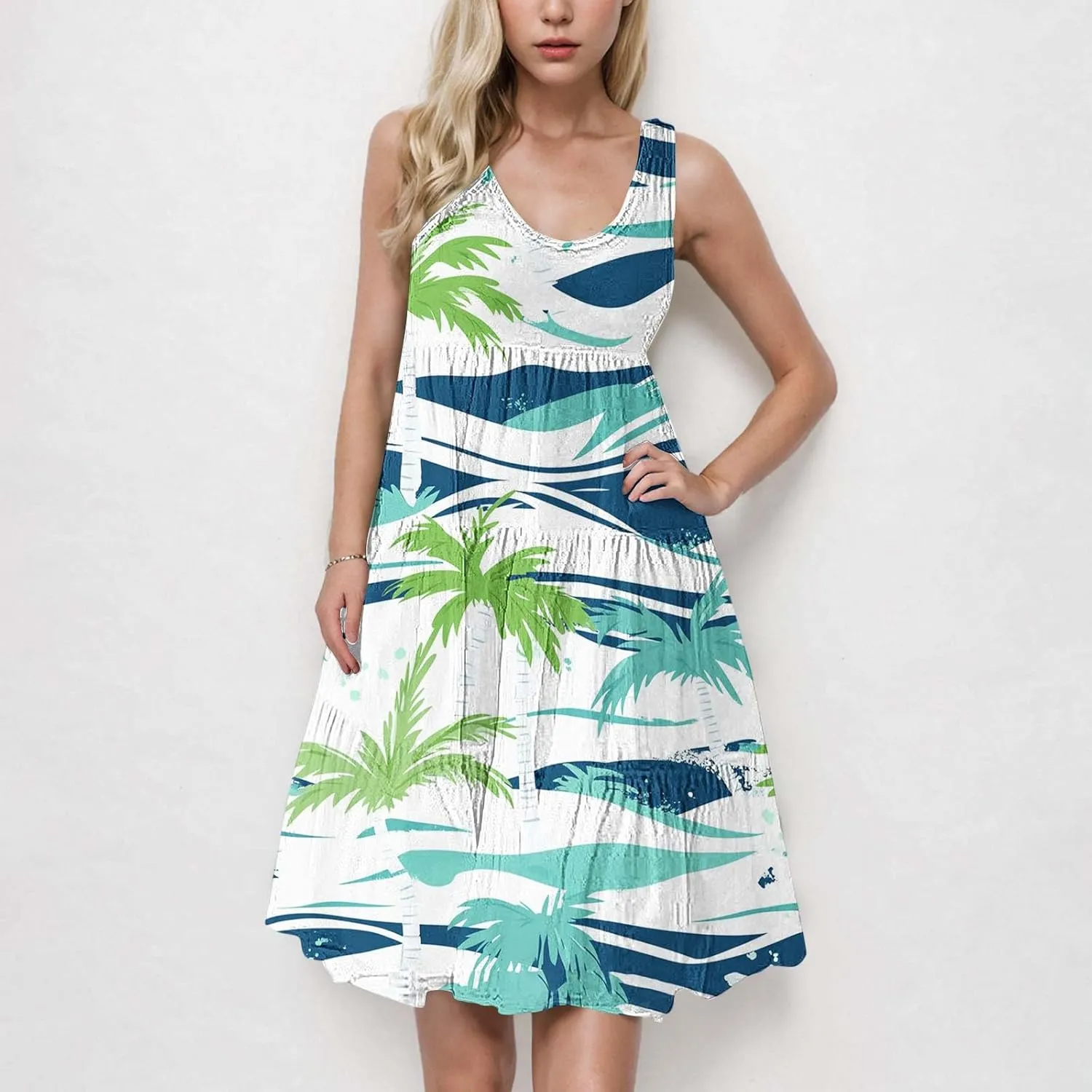 Women's Fashion Sleeveless Beach Dress Summer Casual Round Neck Cake Sundress Trendy Print Vacation Dresses