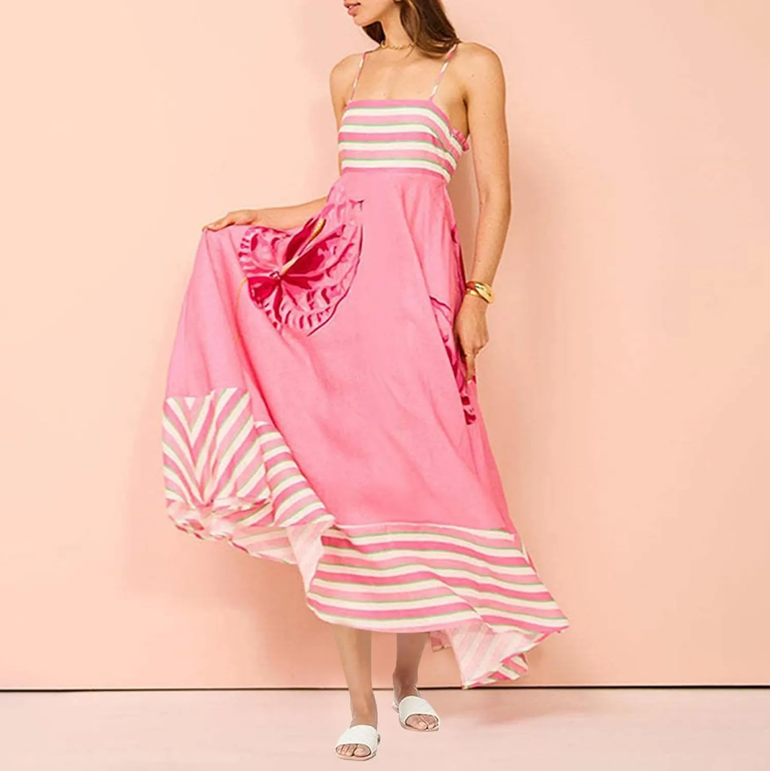 Women's Fashion Striped Floral Print Sundress Oversized Hem Flowy Loose Dresses Beach Holiday Trendy Dress