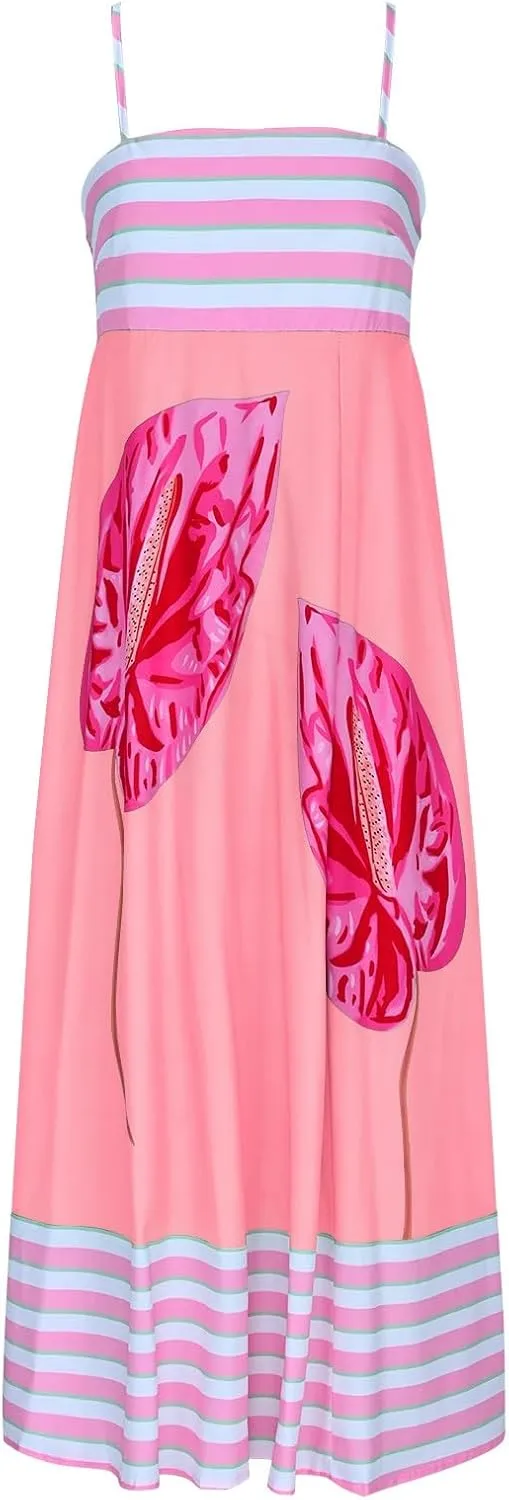 Women's Fashion Striped Floral Print Sundress Oversized Hem Flowy Loose Dresses Beach Holiday Trendy Dress