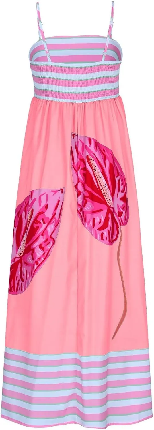 Women's Fashion Striped Floral Print Sundress Oversized Hem Flowy Loose Dresses Beach Holiday Trendy Dress