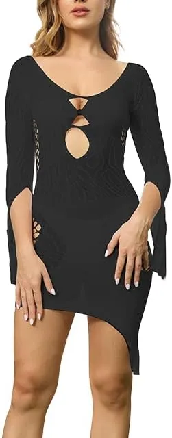 Women's Fishnet Lingerie Cut-Out Clubwear Party Dress Mesh Sheer Bodycon Bodysuits Slim Howllow-Out Slips Chemise