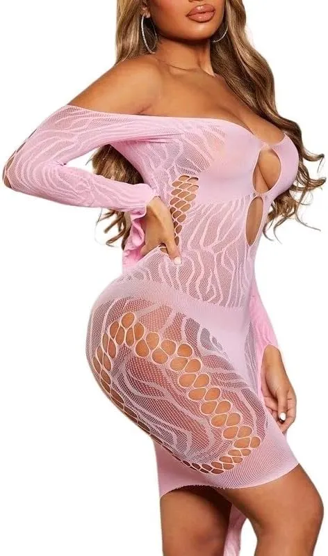Women's Fishnet Lingerie Cut-Out Clubwear Party Dress Mesh Sheer Bodycon Bodysuits Slim Howllow-Out Slips Chemise
