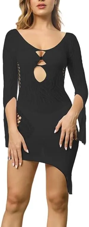Women's Fishnet Lingerie Cut-Out Clubwear Party Dress Mesh Sheer Bodycon Bodysuits Slim Howllow-Out Slips Chemise