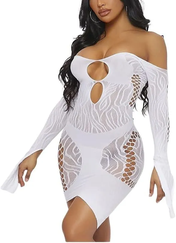 Women's Fishnet Lingerie Cut-Out Clubwear Party Dress Mesh Sheer Bodycon Bodysuits Slim Howllow-Out Slips Chemise