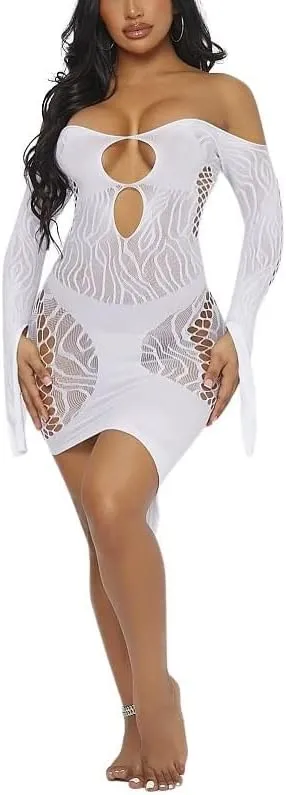 Women's Fishnet Lingerie Cut-Out Clubwear Party Dress Mesh Sheer Bodycon Bodysuits Slim Howllow-Out Slips Chemise