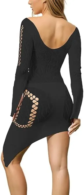 Women's Fishnet Lingerie Cut-Out Clubwear Party Dress Mesh Sheer Bodycon Bodysuits Slim Howllow-Out Slips Chemise
