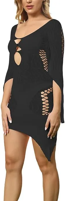 Women's Fishnet Lingerie Cut-Out Clubwear Party Dress Mesh Sheer Bodycon Bodysuits Slim Howllow-Out Slips Chemise