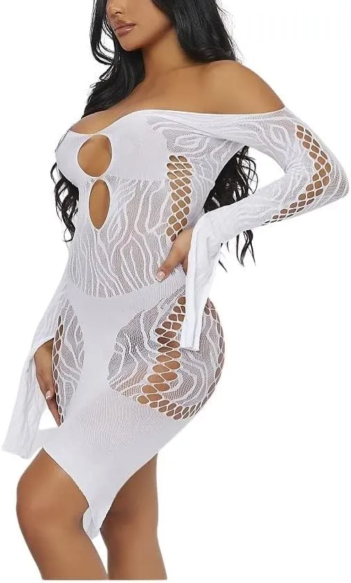 Women's Fishnet Lingerie Cut-Out Clubwear Party Dress Mesh Sheer Bodycon Bodysuits Slim Howllow-Out Slips Chemise