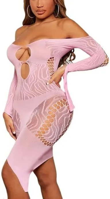 Women's Fishnet Lingerie Cut-Out Clubwear Party Dress Mesh Sheer Bodycon Bodysuits Slim Howllow-Out Slips Chemise