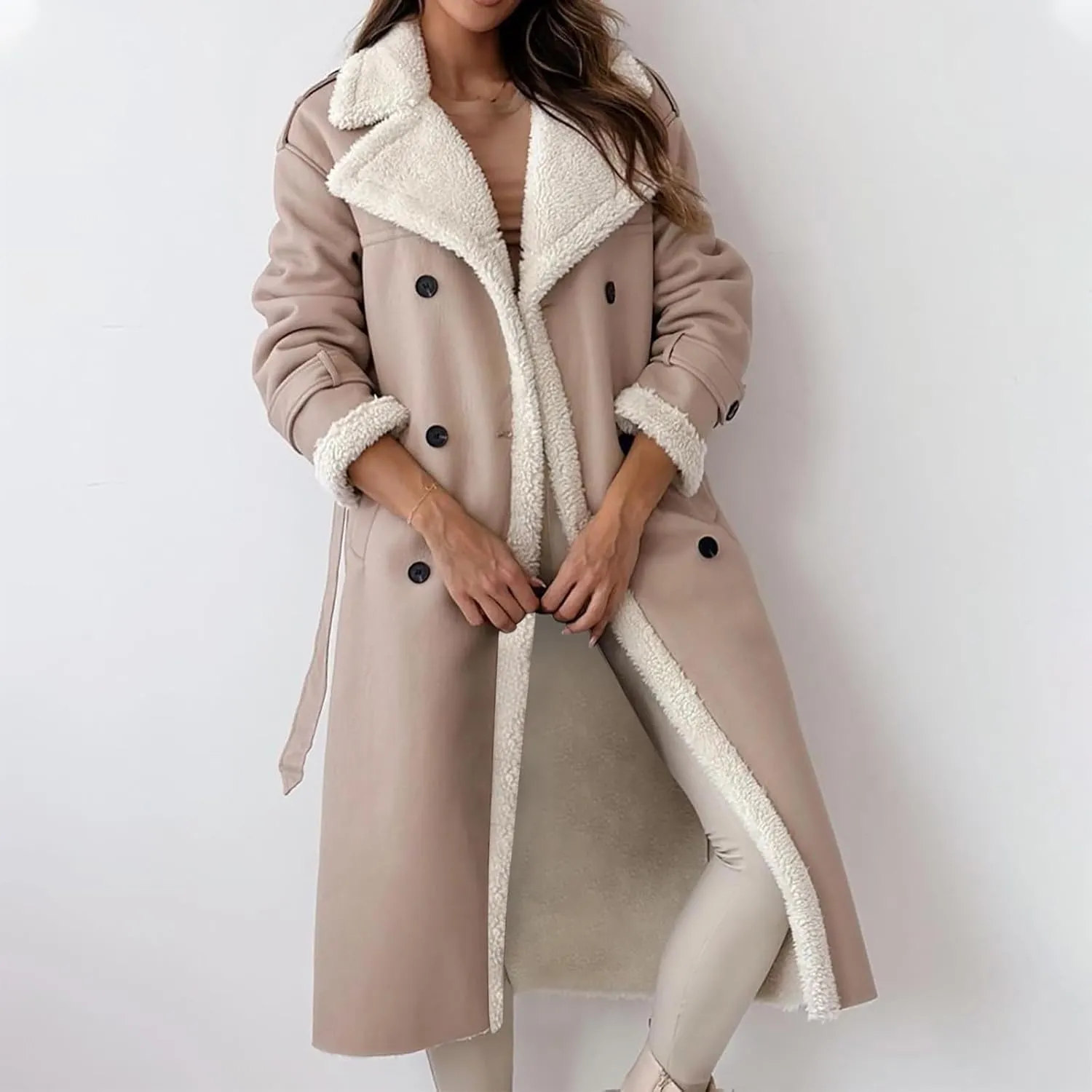 Women's Fleece Lined Overcoat Trendy Long Coats Sherpa Parka Jacket Warm Tops Sweater Plush Outerwear