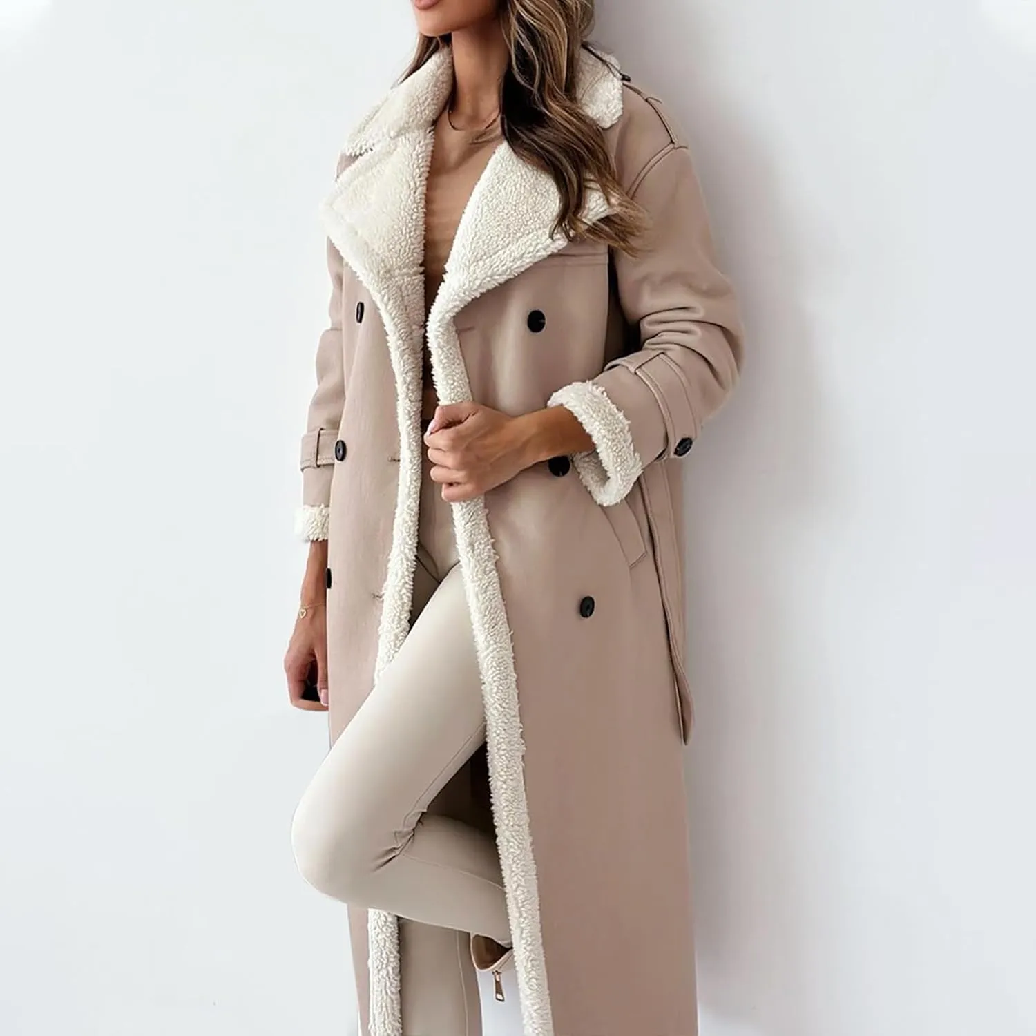 Women's Fleece Lined Overcoat Trendy Long Coats Sherpa Parka Jacket Warm Tops Sweater Plush Outerwear
