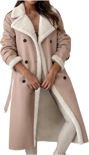 Women's Fleece Lined Overcoat Trendy Long Coats Sherpa Parka Jacket Warm Tops Sweater Plush Outerwear