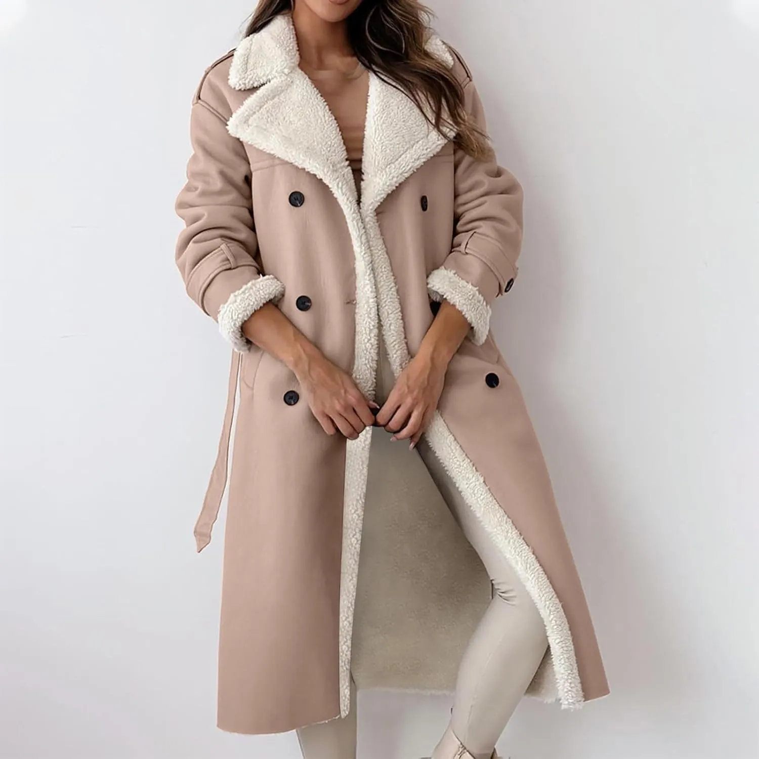 Women's Fleece Lined Overcoat Trendy Long Coats Sherpa Parka Jacket Warm Tops Sweater Plush Outerwear