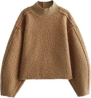 Women's Fuzzy Fleece Sweater Fleece Sherpa Oversized Cropped Sweatshirt Jumper Tops