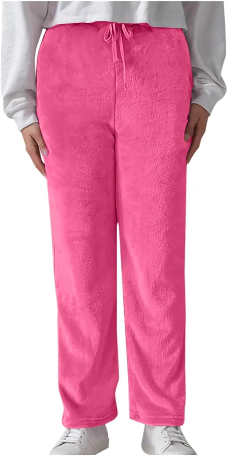 Womens Fuzzy Fleece Sweatpants Winter Warm Wide Leg Lounge Pants Comfy Soft Sherpa Pajama Sleepwear with Pockets