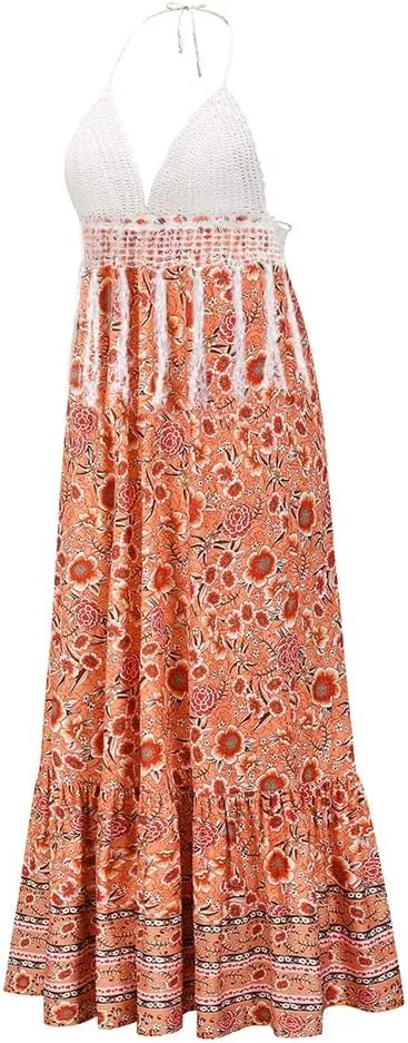Women's Halter Floral Dresses Lace Crochet Open Back Empire Waist A-Line Summer Beach Maxi Dress
