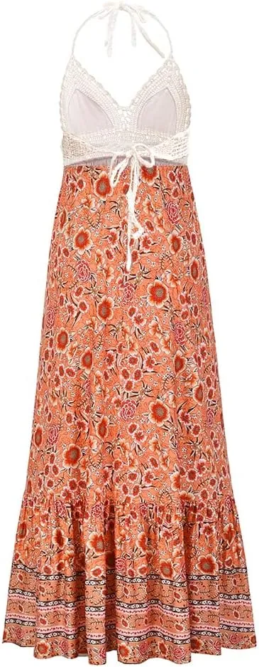 Women's Halter Floral Dresses Lace Crochet Open Back Empire Waist A-Line Summer Beach Maxi Dress