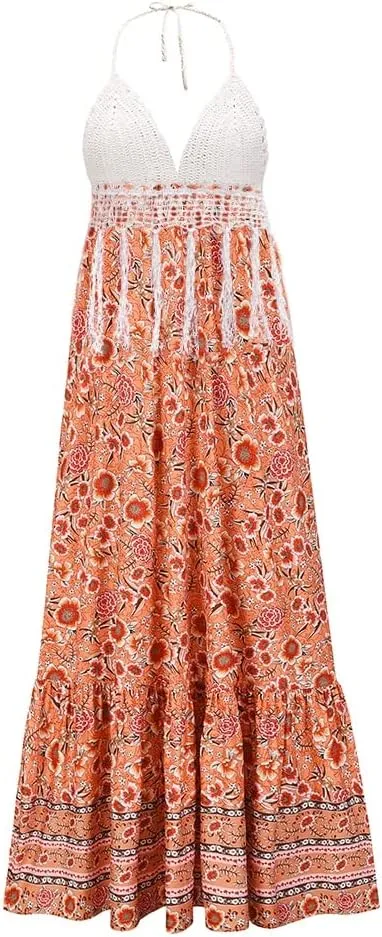 Women's Halter Floral Dresses Lace Crochet Open Back Empire Waist A-Line Summer Beach Maxi Dress